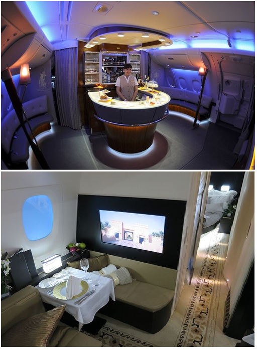 Top 10 Largest Planes Ever Built: Emirates A380 onboard lounge and bar. Image source: Kenneth Iwelumo/ Airliners.net 
Etihad Airways A380’s The Residence Suite. Image source: Travelarz